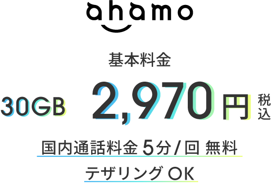 ahamo 基本料金 30GB 2,970円 税込 国内通話料金5分/回 無料 テザリングOK