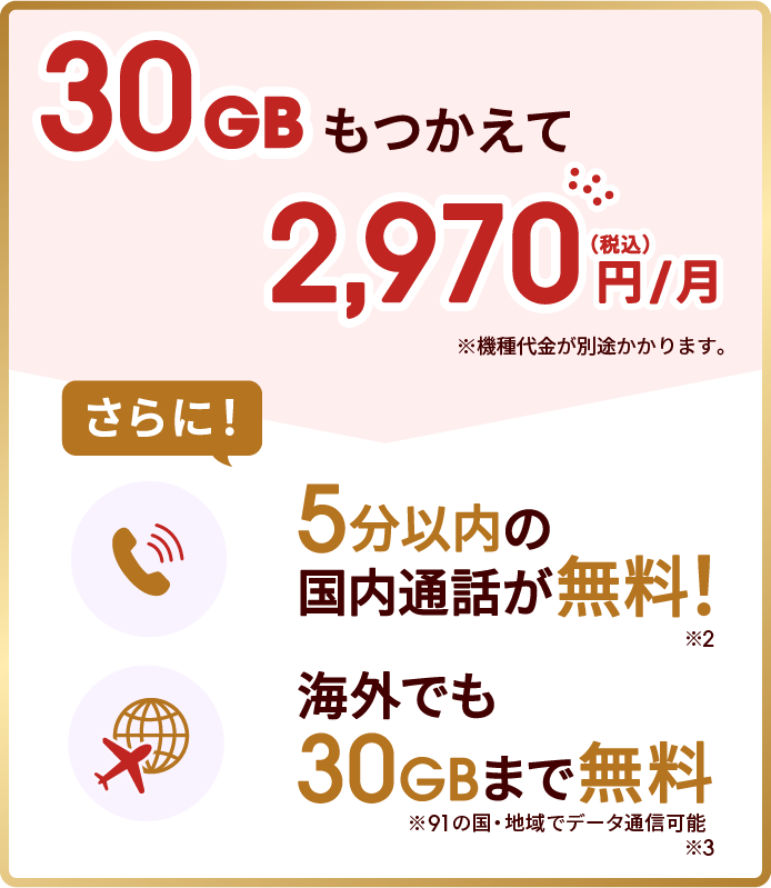 30GBもつかえて2,970円/月（税込）※機種代金が別途かかります。さらに！5分以内の国内通話が無料！※2 海外でも30GBまで無料※91の国・地域でデータ通信可能※3