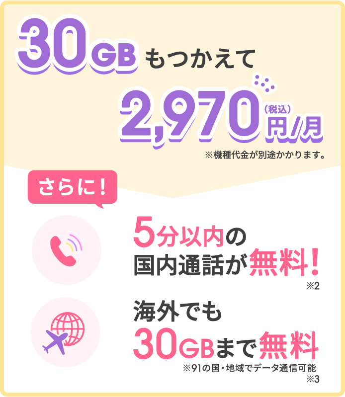 30GBもつかえて2,970円/月（税込）※機種代金が別途かかります。さらに！5分以内の国内通話が無料！※2 海外でも30GBまで無料※91の国・地域でデータ通信可能 ※3