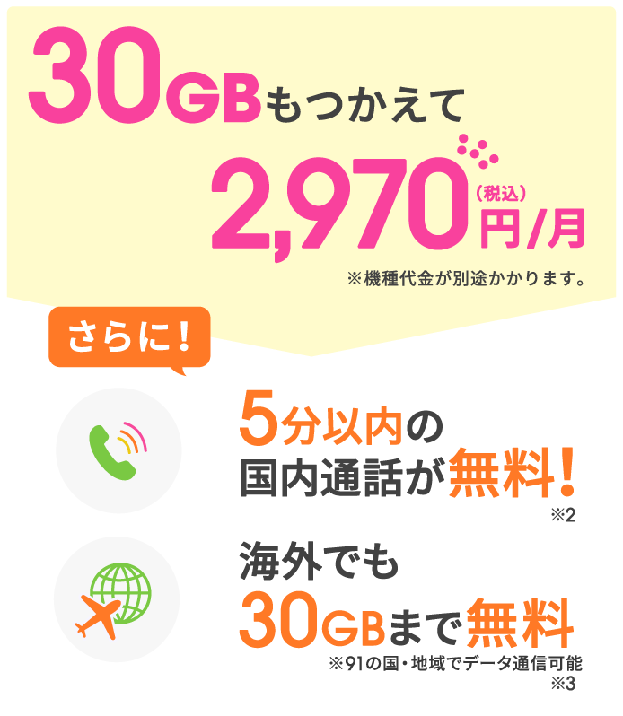 30GBもつかえて2,970円/月（税込）※機種代金が別途かかります。さらに！5分以内の国内通話が無料！※2 海外でも30GBまで無料※91の国・地域でデータ通信可能※3