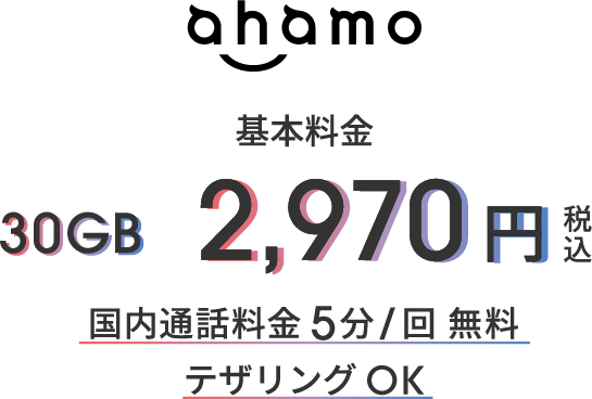 ahamo 基本料金 30GB 2,970円 税込 国内通話料金5分/回 無料 テザリングOK