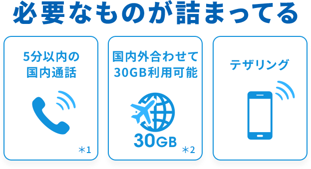 必要なものが詰まってる 5分以内の国内通話*1 国内外合わせて30GB利用可能*2 テザリング