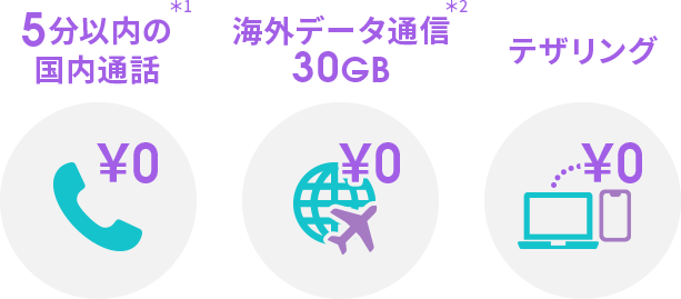 5分以内の国内通話*1 海外データ通信30GB*2 テザリング