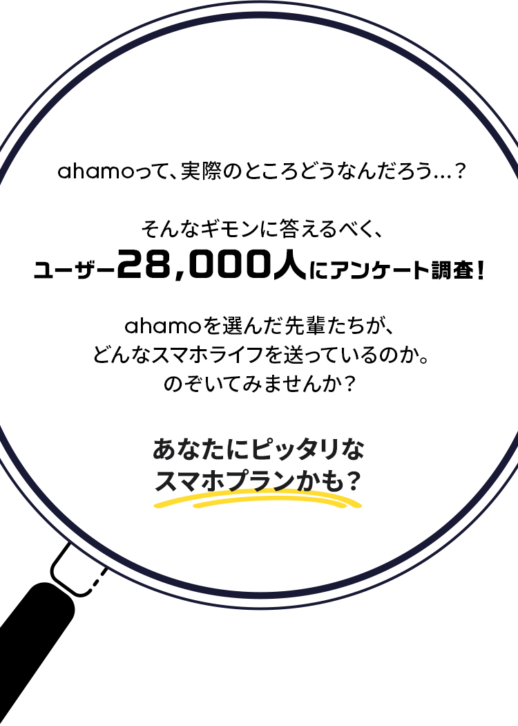 ahamoって、実際のところどうなんだろう...？そんなギモンに答えるべく、ユーザー28,000人にアンケート調査！ahamoを選んだ先輩たちが、どんなスマホライフを送っているのか。のぞいてみませんか？あなたにピッタリなスマホプランかも？
