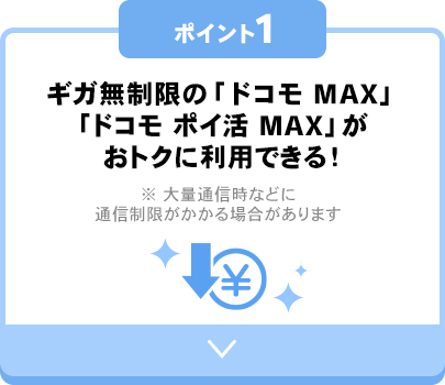 ポイント1 ギガ無制限の「ドコモ MAX」「ドコモ ポイ活 MAX」がおトクに利用できる！※ 大量通信時などに通信制限がかかる場合があります