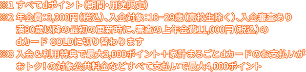 ※1 すべてdポイント（期間・用途限定） ※2 年会費：3,300円（税込）、入会対象：18-29歳（高校生除く）、入会審査あり 満30歳以降の最初の更新時に、審査の上年会費11,000円（税込）のdカード GOLDに切り替わります ※3 入会＆利用特典で最大3,000ポイント＋家計まるごとdカードのお支払いがおトク！の対象公共料金などすべて支払いで最大4,000ポイント