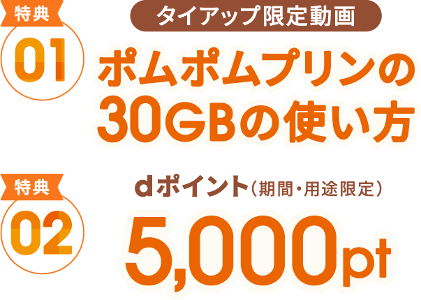 特典01 タイアップ限定動画 ポムポムプリンの30GBの使い方 特典02 dポイント（期間・用途限定） 5,000pt