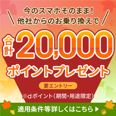 今のスマホそのまま！ 他社からのお乗り換えで 合計20,000ポイントプレゼント 要エントリー ※dポイント（期間・用途限定） 適用条件等詳しくはこちら